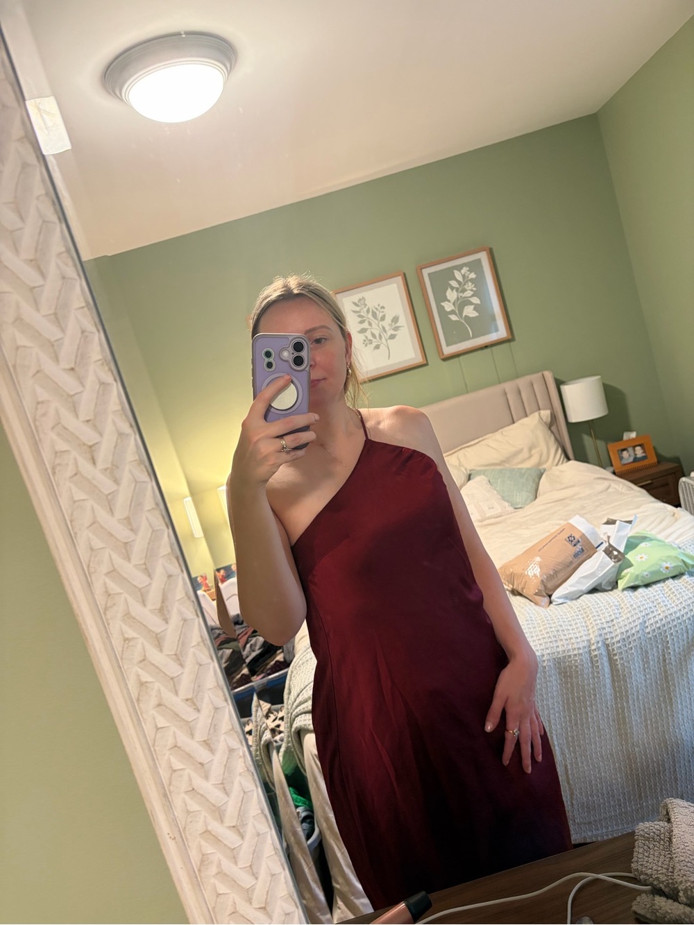 Express One-Shoulder Satin Dress in Burgundy